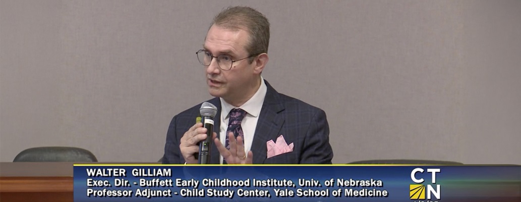 A screenshot of Buffett Institute Executive Director Walter Gilliam speaking into a microphone