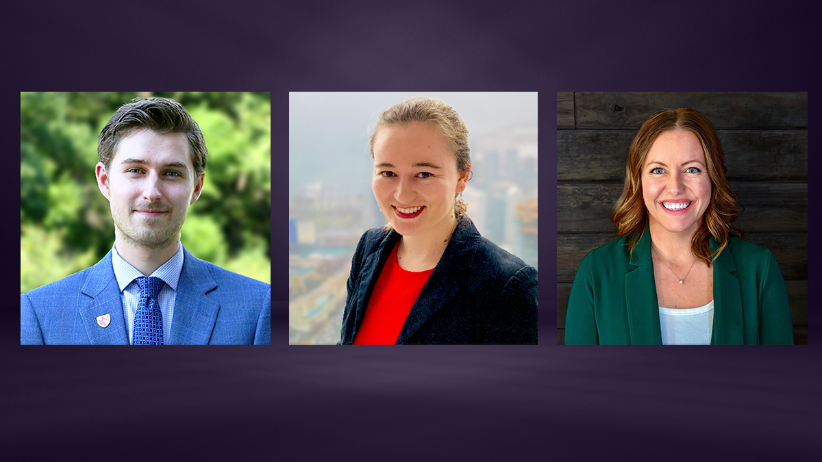 A graphic with the headshots of three 2025-26 Buffett Institute Graduate Scholars -- Colman Freel, Rebekah Rapoza, and Ali Shull