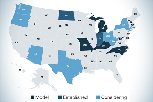 A map of the states that have or are considering implementing a Tri-Share child care financing model