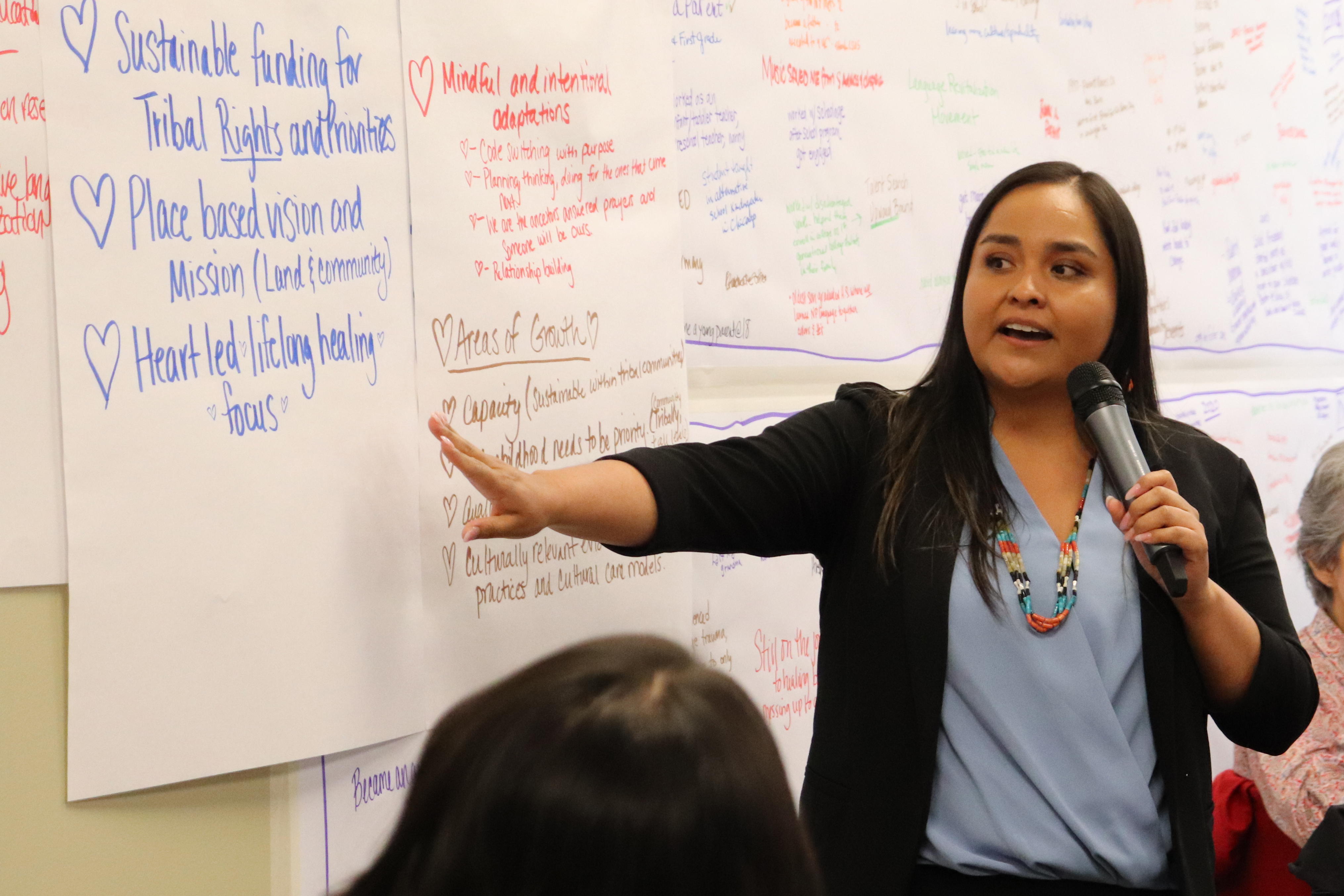 A woman with a microphone stands in front of a large piece of paper with writing on it