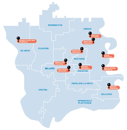 A map of school districts in Douglas and Sarpy Counties in Nebraska, showing where School as Hub schools are located 