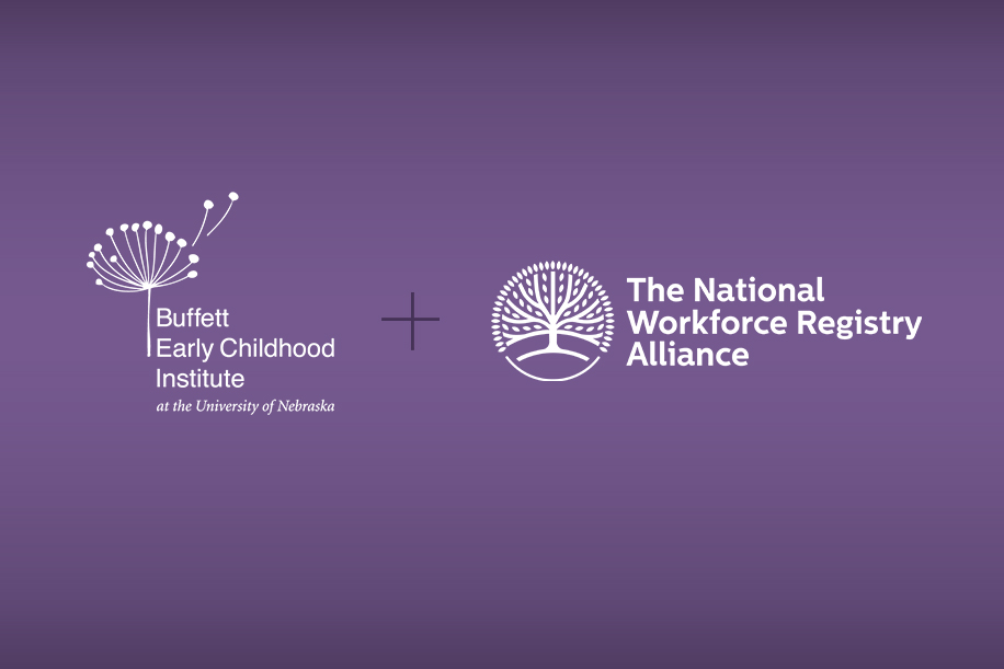 The logos of the Buffett Early Childhood Institute and the National Workforce Registry on a purple background