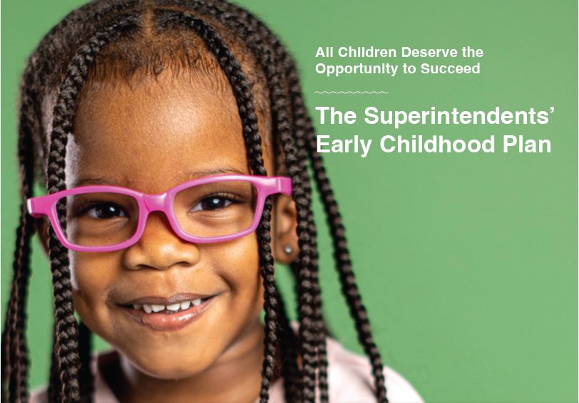 A green brochure cover for the Superintendents' Early Childhood Plan that features a young girl