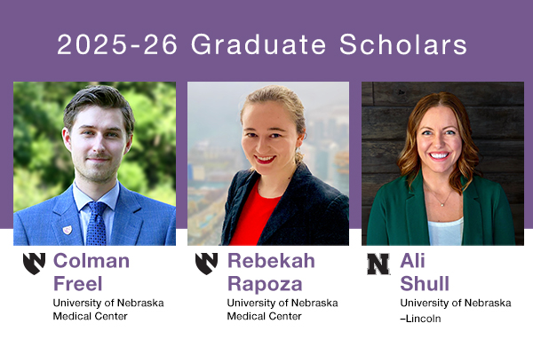 Graphic with photos of the 2025-26 Buffett Institute Graduate Scholars