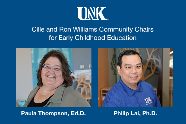 Graphic with headshots of two University of Nebraska at Kearney professors, Paula Thompson (left) and Philip Lai 