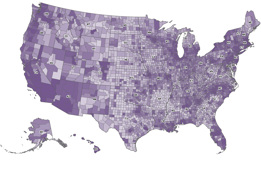 A purple map of the United States with county borders