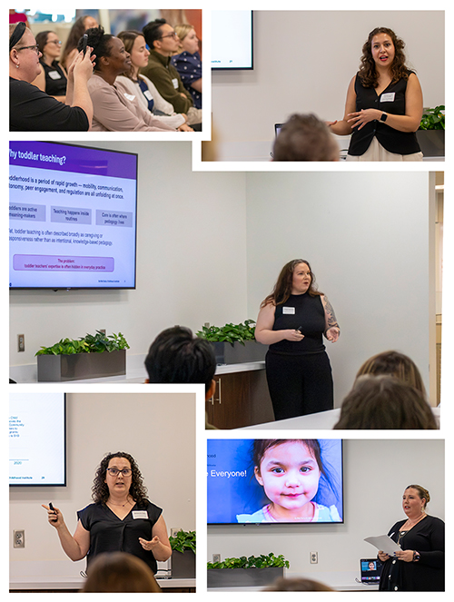 Collage of a classroom-style presentation, showing attendees listening and several speakers presenting slides in a meeting room.