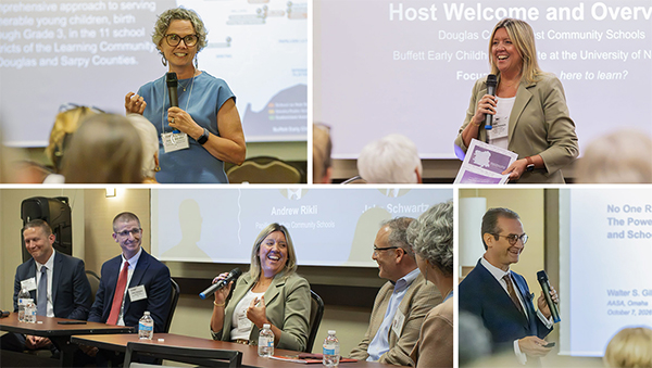 Collage of speakers and panelists at an early childhood education event, with presenters holding microphones and a panel seated at a table in front of a projected slide.