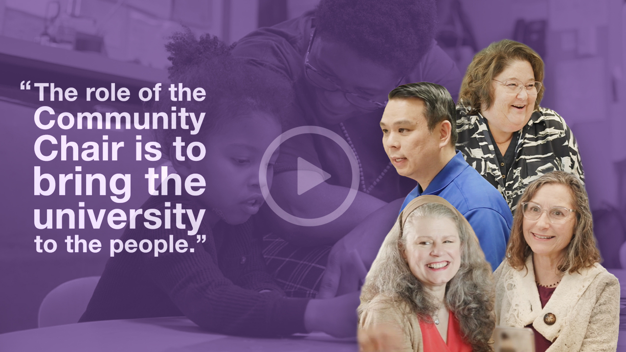 Promotional video thumbnail with a play button, a quote from a Buffett Institute Community Chair bringing the university to the people, and a collage of the four Community Chairs over a purple background.