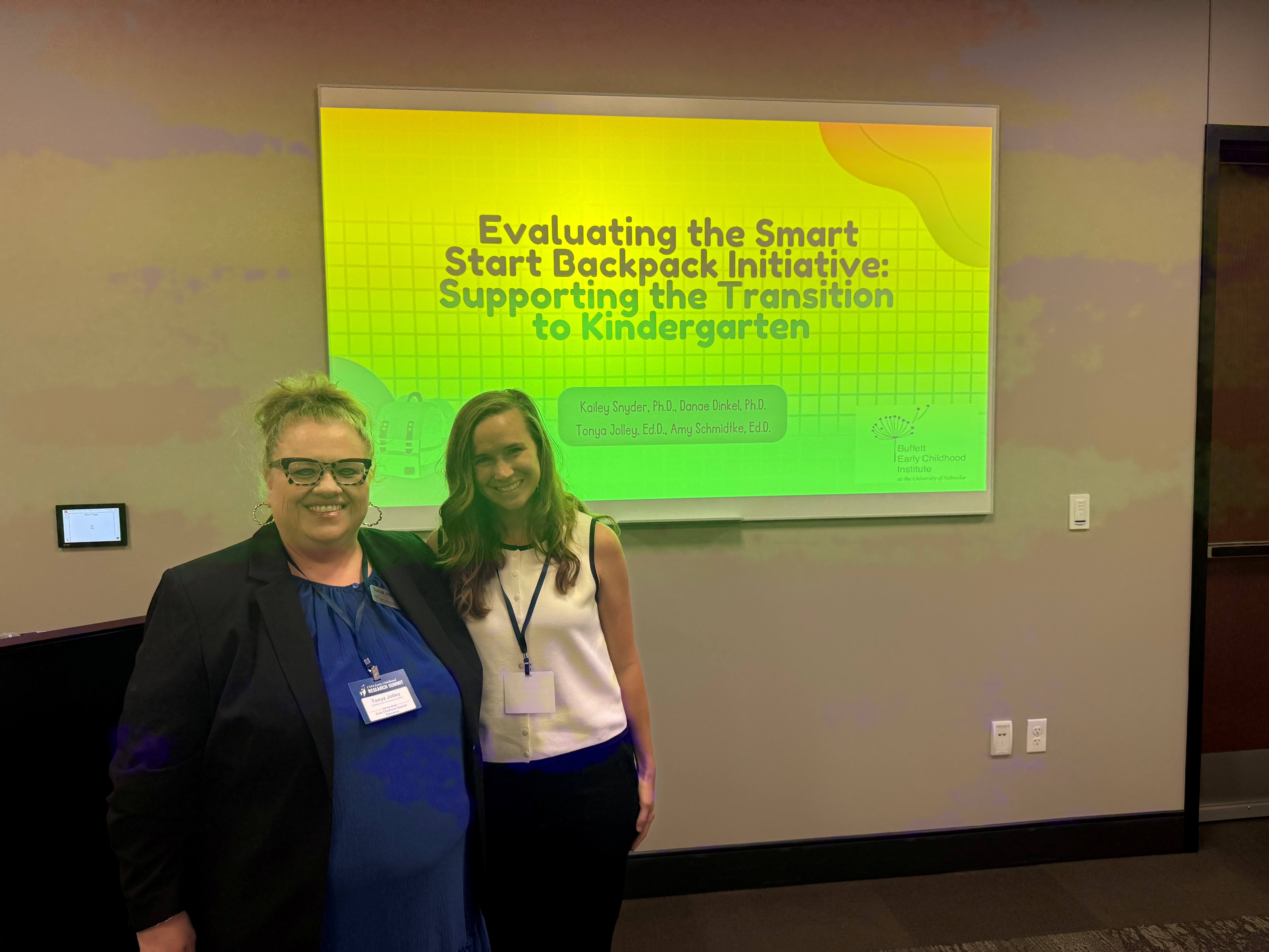 Tonya Jolley (left), Buffett Institute early childhood program administrator, presented with Kailey Snyder (right), assistant professor from the University of Nebraska at Omaha, on the Smart Start Backpack Initiative. 