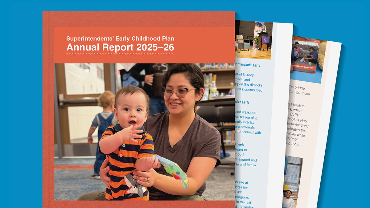 Cover of the “Superintendents’ Early Childhood Plan Annual Report 2025–26,” showing a caregiver holding a baby, with additional report pages fanned out behind it.