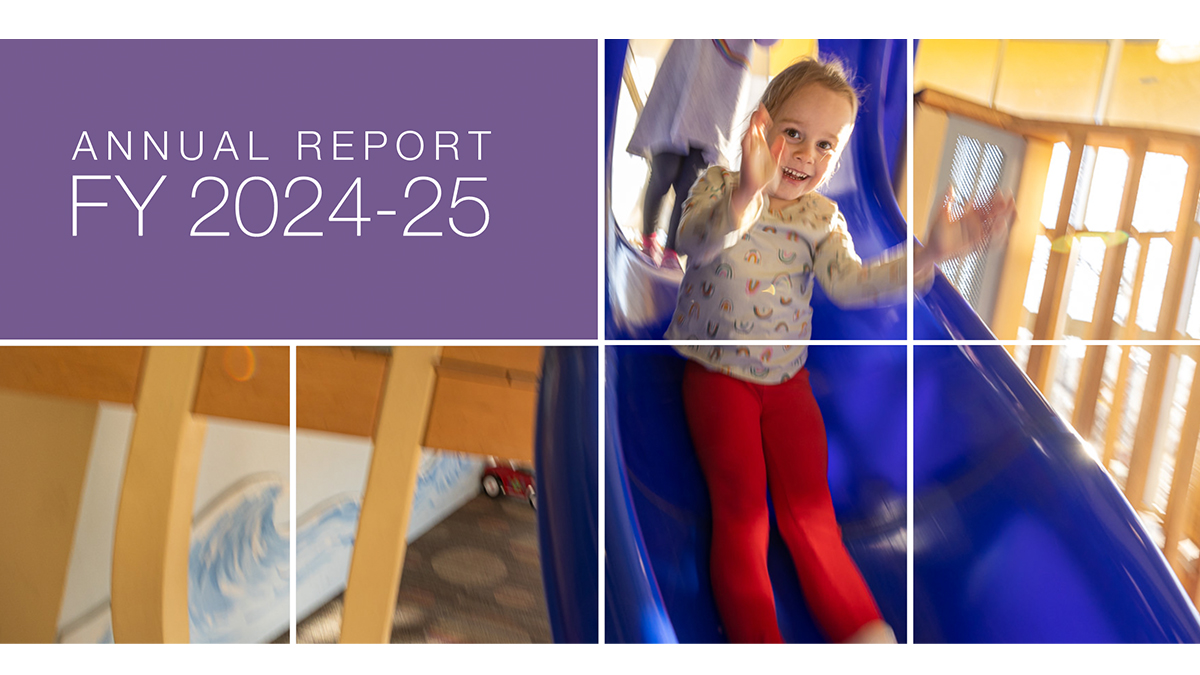 Annual report cover for FY 2024–25 with a child sliding down a blue playground slide.
