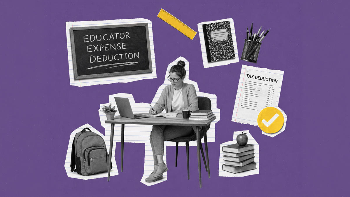 Collage illustration of a teacher at a desk with school supplies and tax paperwork labeled “Educator Expense Deduction” and “Tax Deduction.”