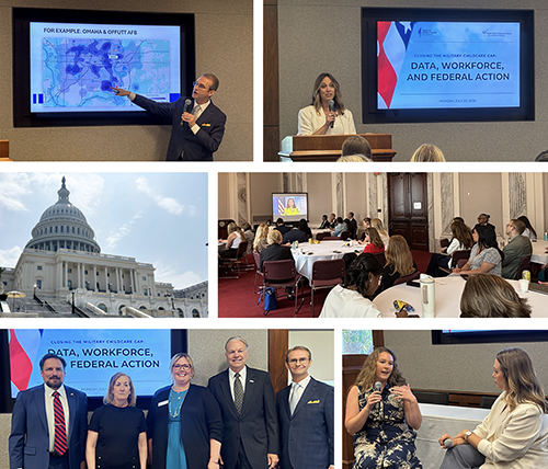 Collage of photos from a congressional briefing on military child care in Washington, D.C., showing speakers presenting slides, audience roundtable discussions, a group photo of organizers, and an exterior view of the U.S. Capitol.