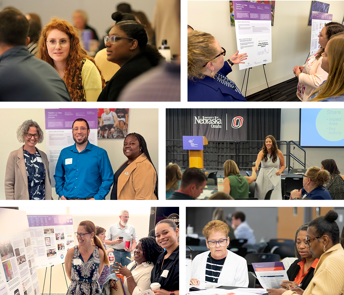 Photo collage of people networking at a conference, including poster presentations, small-group discussions, and a speaker addressing attendees at the 2026 Superintendents' Early Childhood Plan collaboration summit hosted by the Buffett Early Childhood Institute..